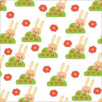 Seamless pattern of pink rabbits and flowers for fabric prints, textiles, gift wrapping paper. colorful vector for children, flat style