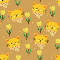 Seamless pattern with cute cartoon cats and flower for fabric print, textile, gift wrapping paper. colorful vector for kids, flat style