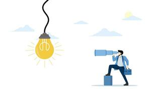 concept of Creative ideas for new jobs, Looking for new ideas for business opportunities or new projects. Businessman using binoculars to look for light bubble idea. flat vector illustration.