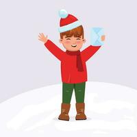 Boy wearing a red sweater, hat and scarf excited about Christmas and sending letter to Santa Claus vector