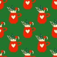 Winter hot drink seamless pattern, background. Coffee, chocolate, marshmallow, cocoa. Christmas and New Year colorful mugs and cups with branches. Retro vintage nostalgia. vector