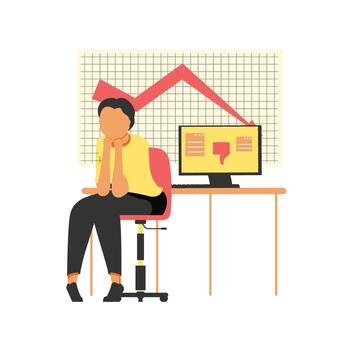 Sad man sitting in front of computer monitor with falling graph. Vector illustration