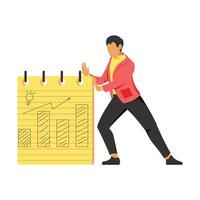 Businessman in a red jacket and black pants is pushing a graph on the calendar. vector