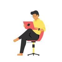 Illustration of a man sitting on a chair and using a laptop vector