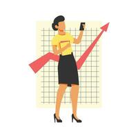 Businesswoman standing with notebook and mobile phone for business in front of sales graphical chart vector