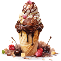 Ice cream in waffle cone watercolor sublimation on a transparent background AI Generative png