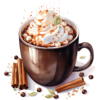 Cup of hot chocolate with marshmallows, cinnamon sticks on a transparent background AI Generative png