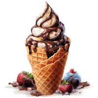 Ice cream in waffle cone watercolor sublimation on a transparent background AI Generative png