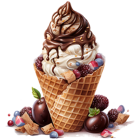 Ice cream in waffle cone watercolor sublimation on a transparent background AI Generative png