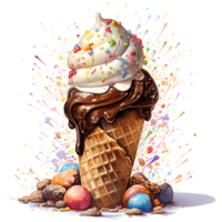 Ice cream in waffle cup with chocolate and cherry on a transparent background AI Generative png