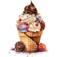 Ice cream in waffle cone watercolor sublimation on a transparent background AI Generative png