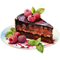 Chocolate cake with whipped cream and raspberries on a transparent background AI Generative png