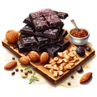 Chocolate bars with nuts and dried fruits on a transparent background AI Generative png