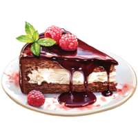 Chocolate cake with whipped cream and raspberries on a transparent background AI Generative png