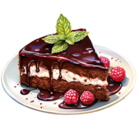 Chocolate cake with whipped cream and raspberries on a transparent background AI Generative png