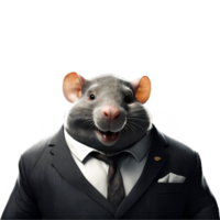 portrait de humanoïde anthropomorphe glouton graisse rat portant noir affaires costume avec mal petit sourire satisfait expression isolé transparent png