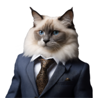 Portrait of Humanoid Anthropomorphic Ragdoll Cat Wearing Blue Business Suit Isolated Transparent png