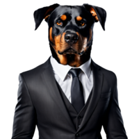 Portrait of Humanoid Anthropomorphic Rottweiler Dog Wearing Black Business Suit Isolated Transparent png