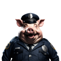retrato de humanoide antropomórfico codicioso grasa cerdo vistiendo policía oficial traje con mal sonrisa afectada expresión aislado transparente png