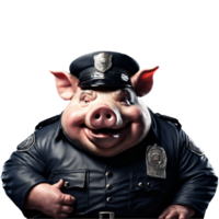 retrato de humanoide antropomórfico codicioso grasa cerdo vistiendo policía oficial traje con mal sonrisa afectada expresión aislado transparente png