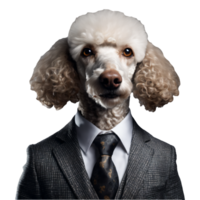 Portrait of Humanoid Anthropomorphic Poodle Dog Wearing Black Business Suit Isolated Transparent png