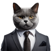 portrait de humanoïde anthropomorphe gris Britanique cheveux courts chat portant affaires costume isolé transparent png