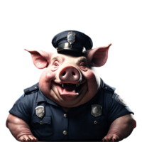 portrait de humanoïde anthropomorphe glouton graisse porc portant police officier costume avec mal petit sourire satisfait expression isolé transparent png