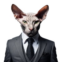 retrato de humanoide antropomórfico sphynx gato vistiendo negro negocio traje aislado transparente png