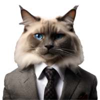 portrait de humanoïde anthropomorphe ragdoll chat portant gris affaires costume isolé transparent png