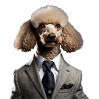 Portrait of Humanoid Anthropomorphic Poodle Dog Wearing Gray Business Suit Isolated Transparent png