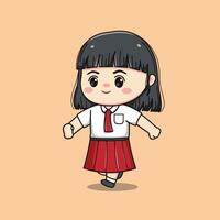 indonesio estudiante elemental colegio caminando linda kawaii niña personaje vector