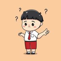 Indonesian student elementary school feeling confused cute kawaii boy character vector