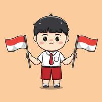 Indonesian student elementary school holding flag cute kawaii boy character vector