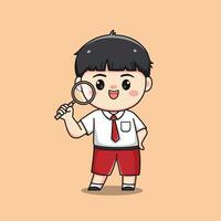 Indonesian student elementary school with magnifying glass cute kawaii boy character vector