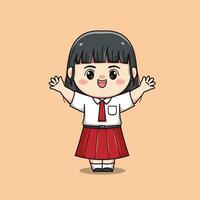 indonesio estudiante elemental colegio manos arriba linda kawaii niña personaje vector