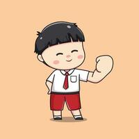 Indonesian student elementary school feeling proud cute kawaii boy character vector