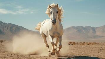 a white horse running over the desert photo