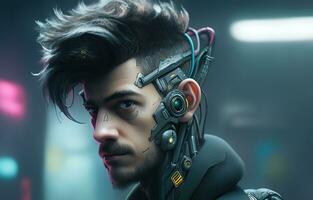 Cyberpunk Man portrait futuristic neon style wear a robotic headset photo