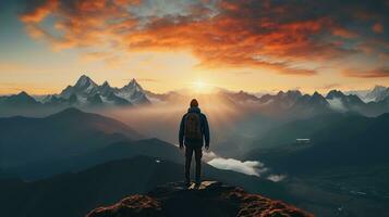 a man on top of a mountain peak with view of clouds and sunrise photo