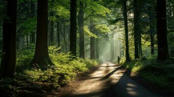 A forest with trees and a path in the morning with the sun shining on the street photo