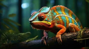 A unique colorful chameleon sits on a branch in a forest photo