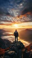 un hombre en parte superior de un montaña pico con ver de nubes y amanecer foto