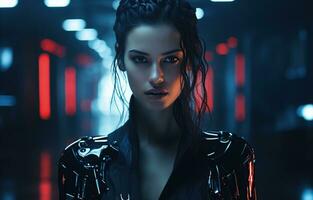 Cyberpunk woman portrait futuristic neon style photo