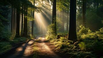 A forest with trees and a path in the morning with the sun shining on the street photo