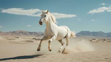 a white horse running over the desert photo