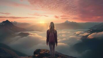 a woman on top of a mountain peak with view of clouds and sunrise photo