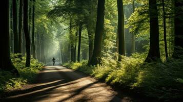 A forest with trees and a path in the morning with the sun shining on the street photo