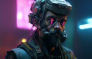 Cyberpunk Man portrait futuristic neon style wear a robotic headset photo