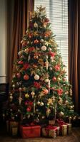 ver de hermosamente decorado Navidad árbol foto