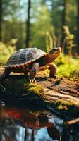 Wildlife turtle on top of a log with forest background photo